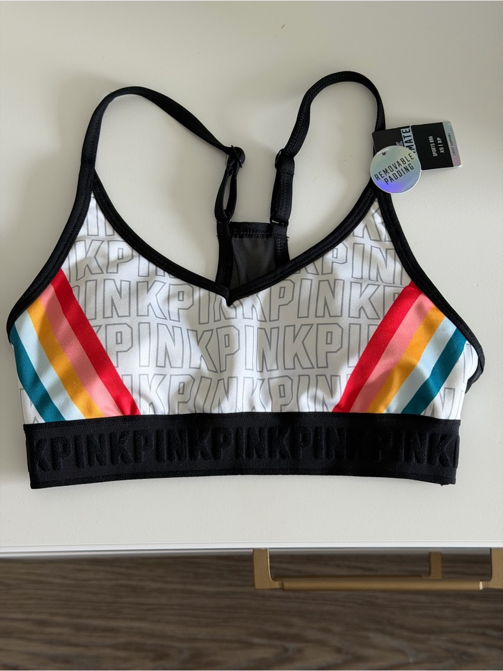 Victoria's Secret PINK White Bikini Top with Rainbow Accent Stripes